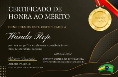 Certificado de Honra ao Mérito é concedido à Wanda Rop pela Revista Conexão Literatura