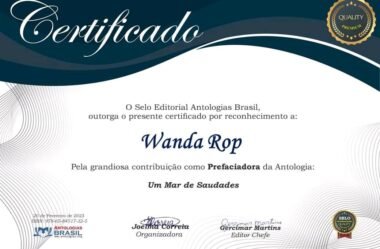 Poeta Wanda Rop recebe Certificado de Reconhecimento por sua participação como Prefaciadora da Antologia “Um mar de saudades”