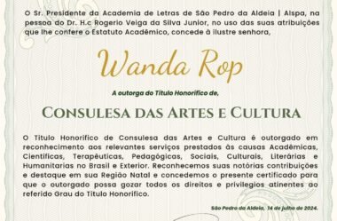 Wanda Rop recebe Título Honorífico de Consulesa das Artes e Cultura; Certidão de Posse Imortal “Embaixadora Cultural Brasil-África e Título de Honra de Acadêmica Benemérita Imortal. Outorga realizada pela ALSPA-RJ. Confira as imagens abaixo!😊🥰